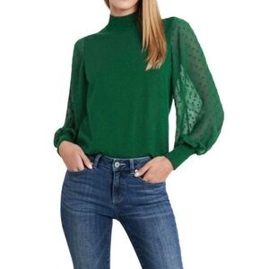 Vince Camuto Swiss Dot Sheer Sleeve Mock Neck Sweater in Alpine Green NWT
